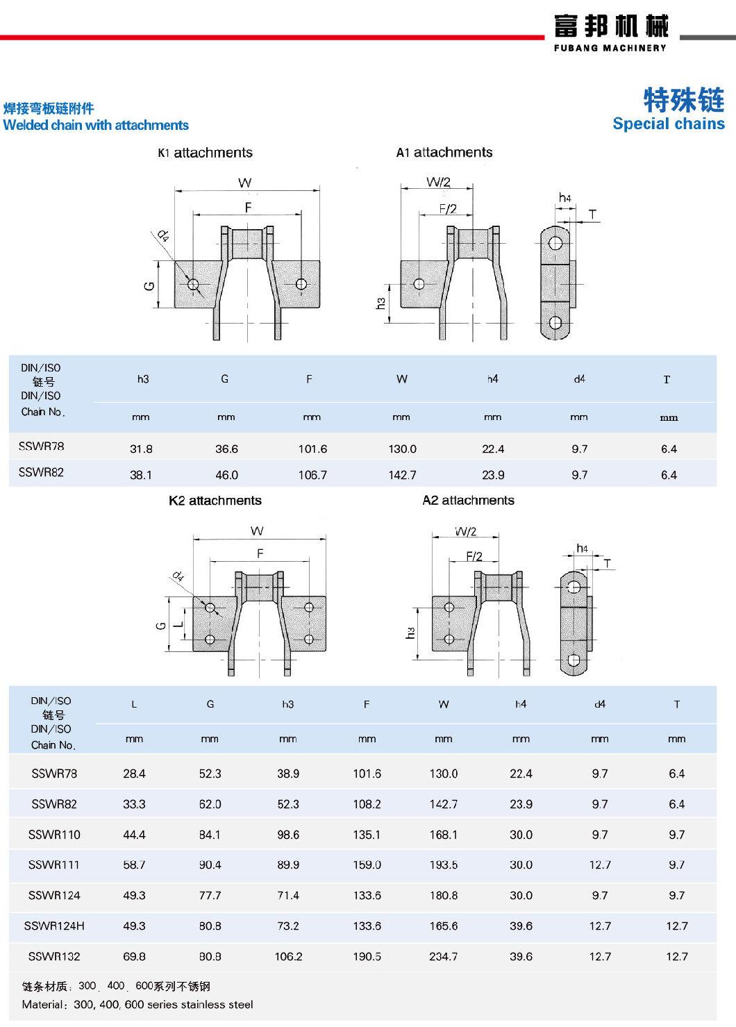 Engineering Chains W78r Wr82 Wr110 Wr111 Wr124 Wr124h Wr132 Welded Steel Chains with A1 A2 K1 K2 Attachments