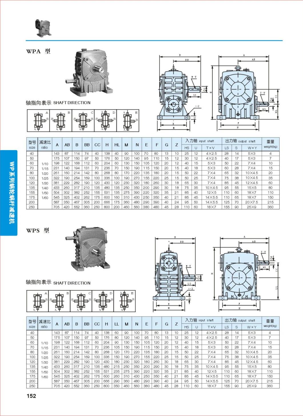 Wp Series 1400rpm Electric Motor Horizontal Worm Cast Iron Industrial Use Gearbox