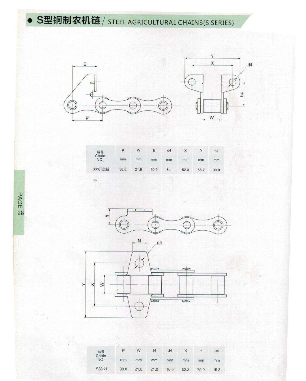 S38K1 Agricultural Machinery Roller Chain with S38-C6e, S38K1f2, S38f1, S38f2, S38f3