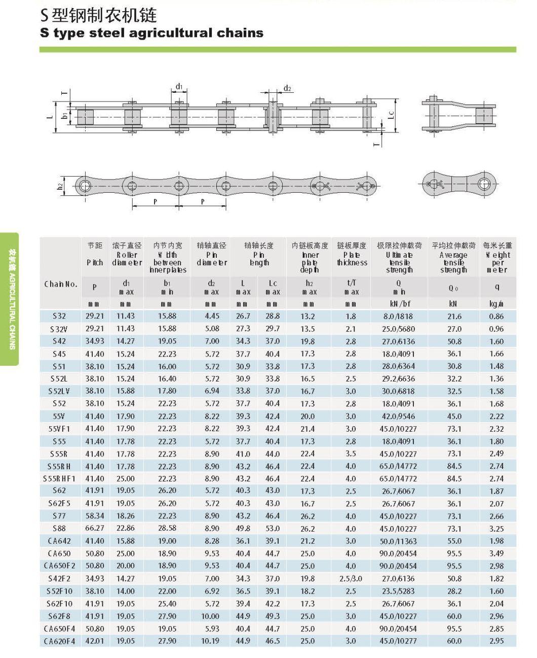 S42, S42h, S45h, S45hf1, 40sh, 60sh, C40, C50, C60 Agricultural Roller Chain with Various Attachments