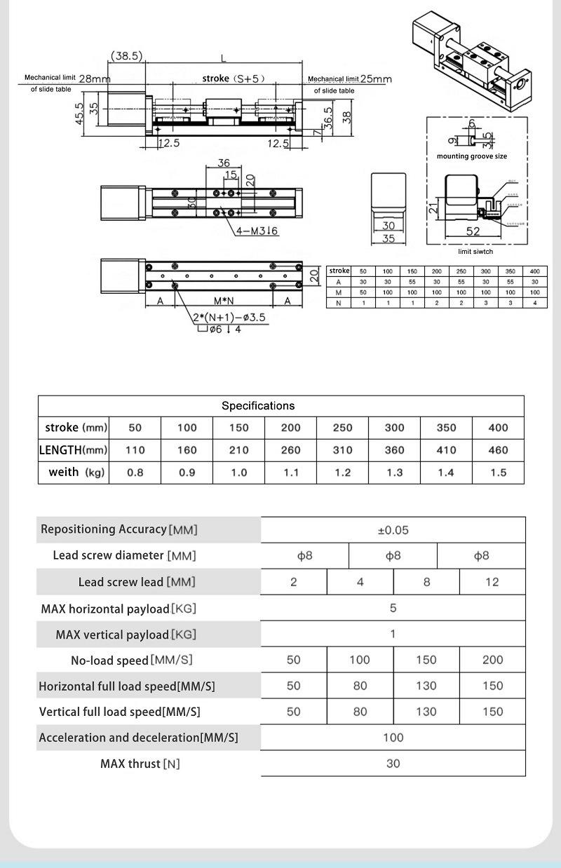 Mini Linear Stage Actuator Small Slide Guide Rail CNC Screw Lead Motion Table Motorized NEMA 14 Stepper Motor[100mm Stroke]