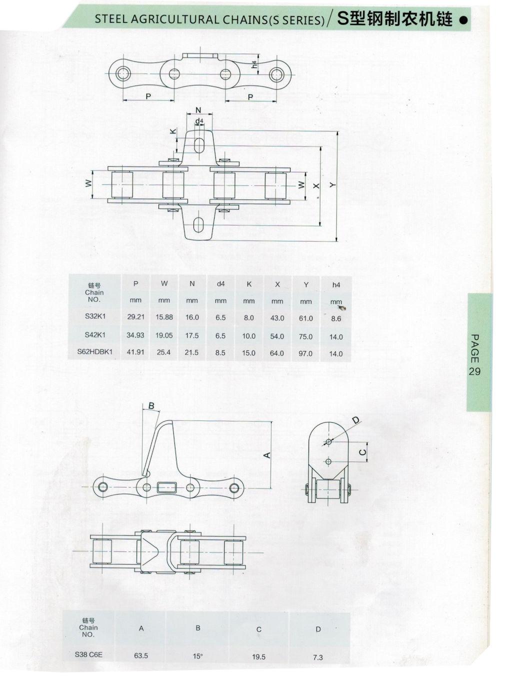 S38-C6ej-72L Agricultural Corn Harvester Roller Chain with S38f3, S38f4, S38f2, S38f1