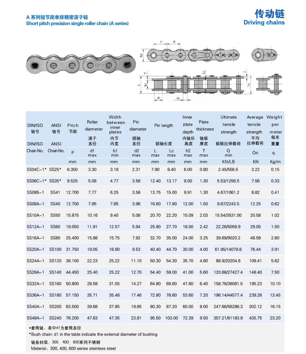 Ss35, 40, 50, 60, 80, 160 Stainless Steel Roller Chain